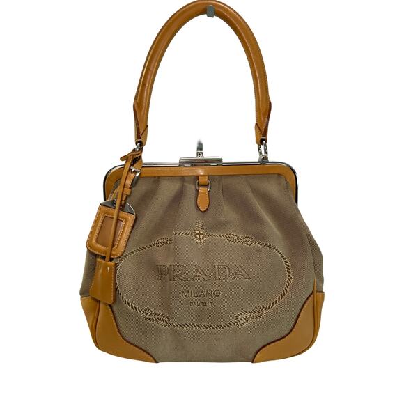 Prada Canapa Jacquard Canvas & Leather Frame Satchel Tote Bag Brown Tan Vintage - Picture 1 of 16